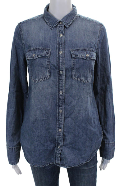J Crew Women Blue Cotton Collared Long Sleeve Button Up Basic Shirt Size 6