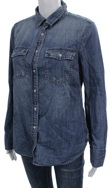 J Crew Women Blue Cotton Collared Long Sleeve Button Up Basic Shirt Size 6