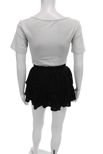 Leallo Womens Mini Skirt Black Cotton Solid Pull On Casual Summer Size S