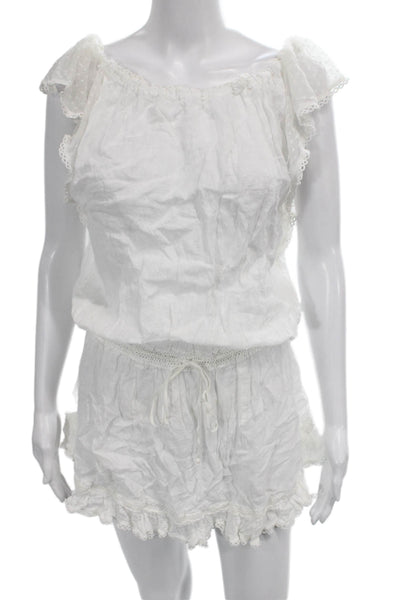 Sunday Saint Tropez Women Mini Dress White Linen Scoop Neck Cap Sleeve Size S