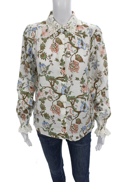 Me + Em Womens Floral Collared Button Long Sleeve Blouse Multicolor Size 6