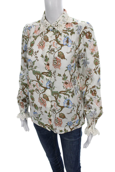 Me + Em Womens Floral Collared Button Long Sleeve Blouse Multicolor Size 6