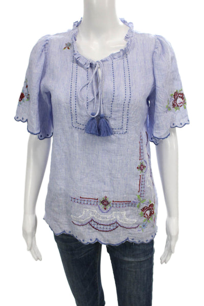 Rose And Rose Womens Blue Linen Floral Boho Tunic Short Sleeve Tie Size XS