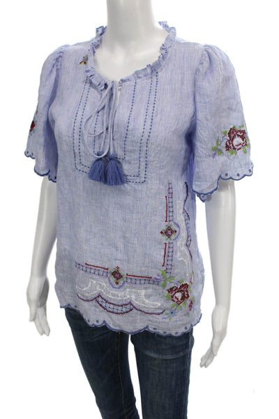 Rose And Rose Womens Blue Linen Floral Boho Tunic Short Sleeve Tie Size XS
