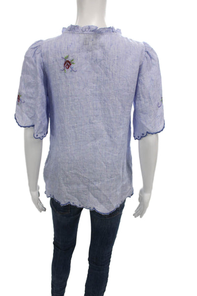 Rose And Rose Womens Blue Linen Floral Boho Tunic Short Sleeve Tie Size XS