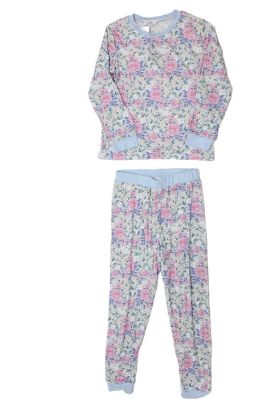 Stripe & Stare Girls Floral Long Sleeve Crew Neck Pajama Set Blue Size 7-8Y