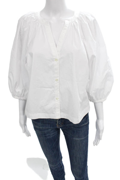 Staud Women Basic White V-Neck 3/4 Sleeve Cotton Blouse Size S