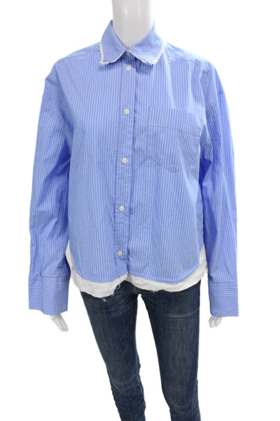Zara Women Basic Striped Blue Cotton Collared Button Up Long Sleeve Top Size S