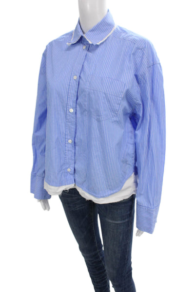 Zara Women Basic Striped Blue Cotton Collared Button Up Long Sleeve Top Size S