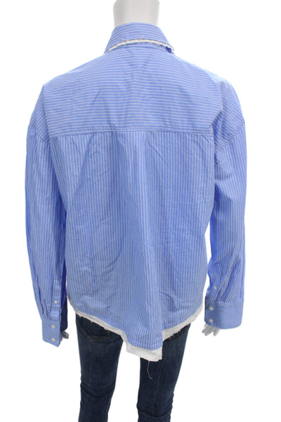 Zara Women Basic Striped Blue Cotton Collared Button Up Long Sleeve Top Size S