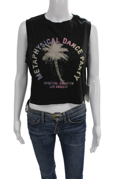 Spiritual Gangster Women Cropped Tank Black Cotton Sleeveless Crew Neck Size S