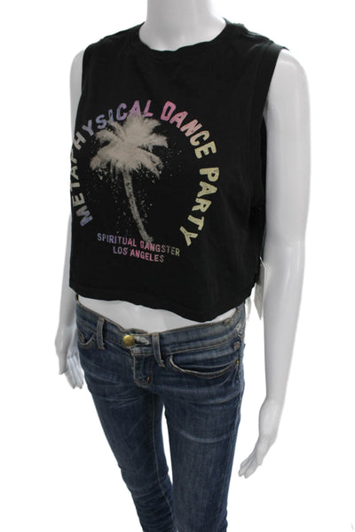 Spiritual Gangster Women Cropped Tank Black Cotton Sleeveless Crew Neck Size S
