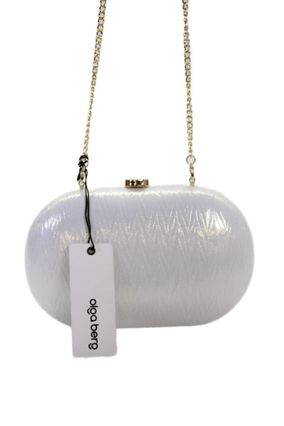 Olga Berg Womens Chevron Striped Gold Tone Crossbody Shoulder Handbag White