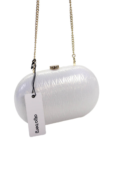 Olga Berg Womens Chevron Striped Gold Tone Crossbody Shoulder Handbag White