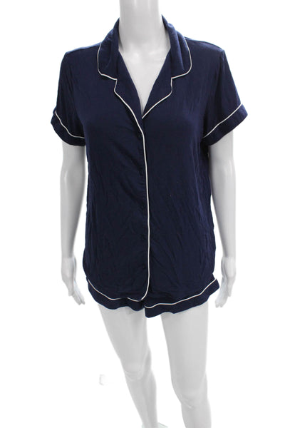 Nordstrom Womens Button Front Short Sleeve Pajama Shirt Shorts Set Navy XS