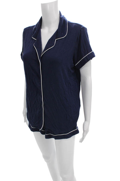 Nordstrom Womens Button Front Short Sleeve Pajama Shirt Shorts Set Navy XS