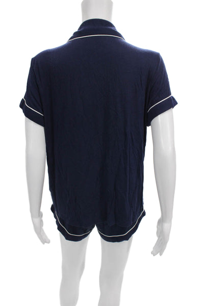 Nordstrom Womens Button Front Short Sleeve Pajama Shirt Shorts Set Navy XS