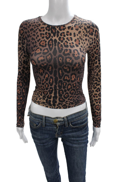 Cynthia Rowley Women Cropped Leopard T-Shirt Brown Long Sleeve Crew Neck Size S