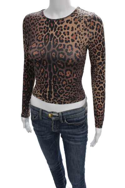 Cynthia Rowley Women Cropped Leopard T-Shirt Brown Long Sleeve Crew Neck Size S