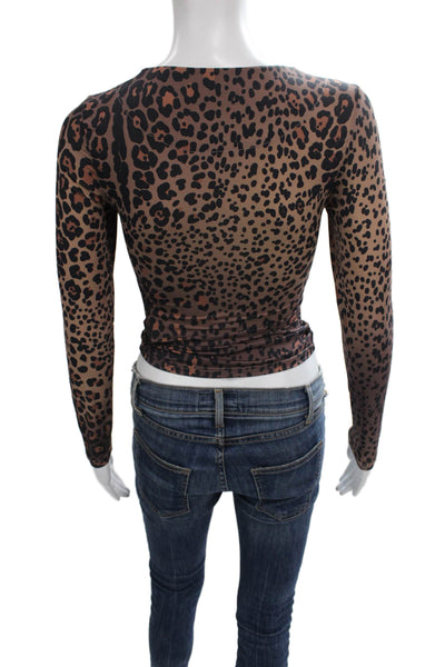 Cynthia Rowley Women Cropped Leopard T-Shirt Brown Long Sleeve Crew Neck Size S