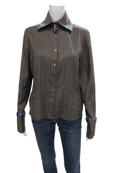 Richard Tyler Women Silk Striped Collared Button Long Sleeve Blouse Size S