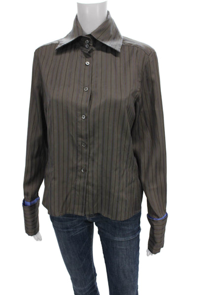 Richard Tyler Women Silk Striped Collared Button Long Sleeve Blouse Size S