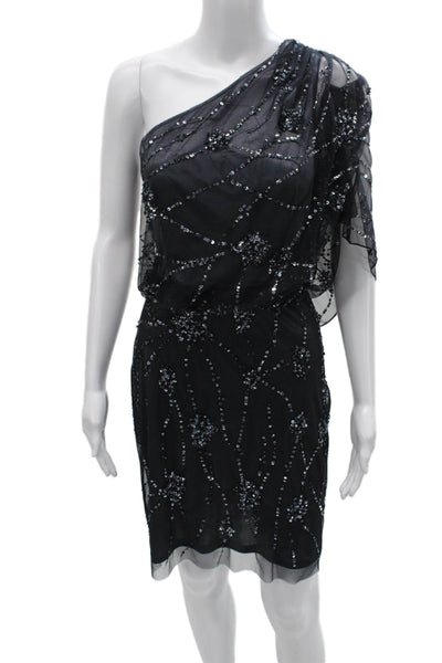 Adrianna Papell Womens Sheath One-Shoulder Black Floral Knee-Length Size 8