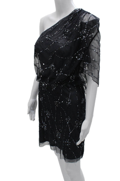 Adrianna Papell Womens Sheath One-Shoulder Black Floral Knee-Length Size 8