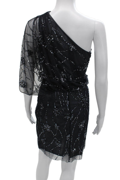 Adrianna Papell Womens Sheath One-Shoulder Black Floral Knee-Length Size 8