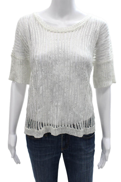 Lauren Vidal Women White Striped Cotton Short Sleeve Blouse Size L