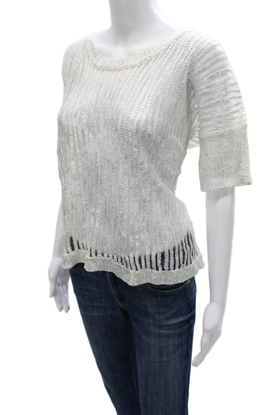Lauren Vidal Women White Striped Cotton Short Sleeve Blouse Size L
