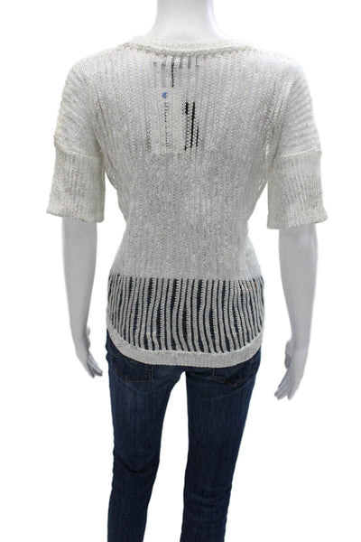 Lauren Vidal Women White Striped Cotton Short Sleeve Blouse Size L
