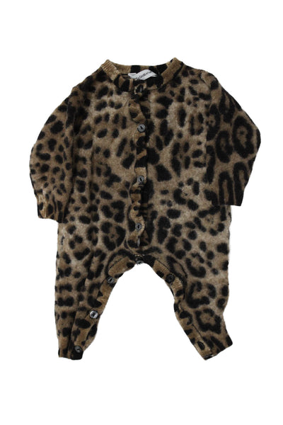 Dolce & Gabbana Girls Button Front Leopard Printed Wool One Piece Brown 6-9M