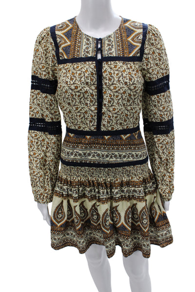 Sea New York Women Mini Floral Cotton Dress Beige Button Round Neck Size 4
