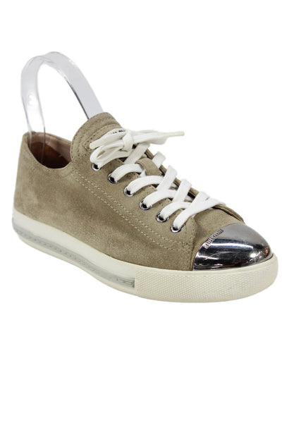 Miu Miu Women's Suede Lace-Up Low Top Silver Cap Sneakers Beige Size 36