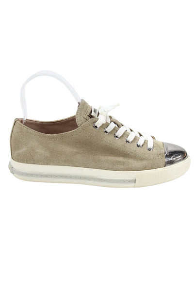 Miu Miu Women's Suede Lace-Up Low Top Silver Cap Sneakers Beige Size 36