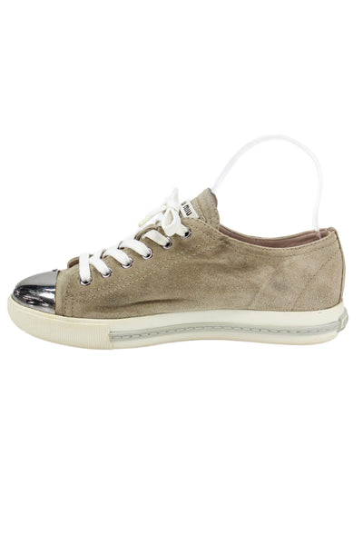 Miu Miu Women's Suede Lace-Up Low Top Silver Cap Sneakers Beige Size 36