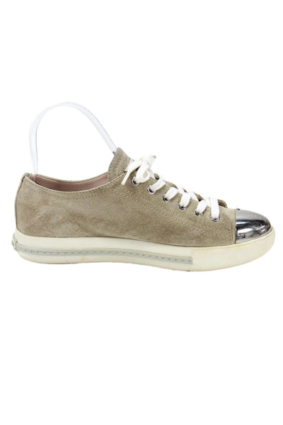 Miu Miu Women's Suede Lace-Up Low Top Silver Cap Sneakers Beige Size 36