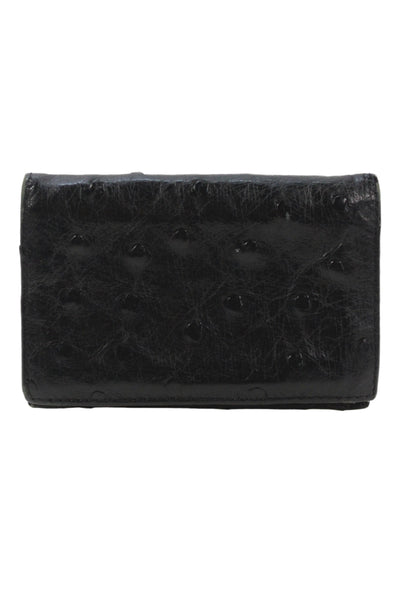 Lorenzi Unisex Black Ostrich Skin Bi Fold Card Holder Wallet 3"