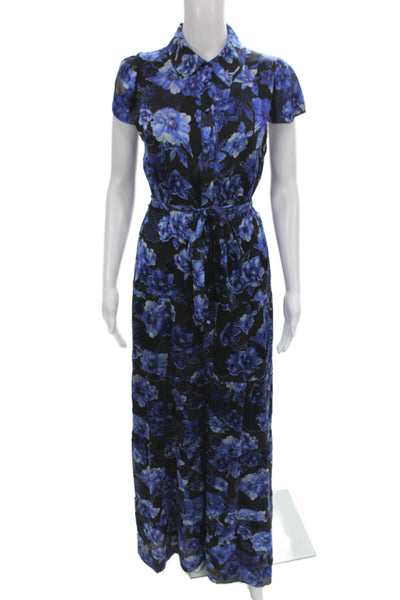 Alice + Olivia Women Black Floral Maxi Dress Collared Short Sleeve Size 4