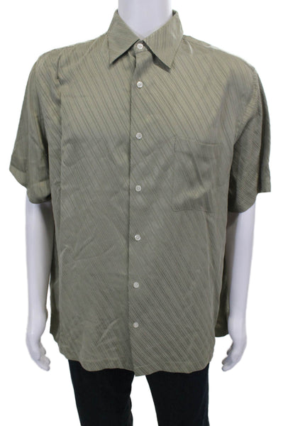 Perry Ellis Mens Silk Button Down Short Sleeve Shirt Green Size L