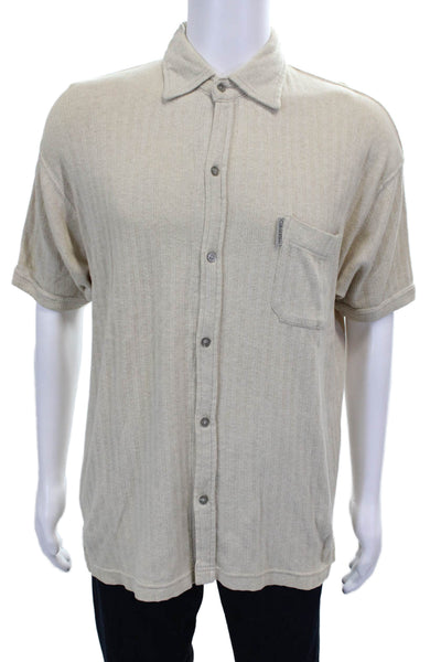 Calvin Klein Mens Cotton Ribbed Short Sleeve Button Down Shirt Beige Size L