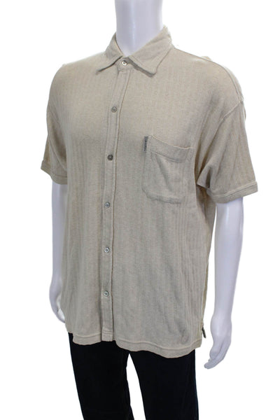 Calvin Klein Mens Cotton Ribbed Short Sleeve Button Down Shirt Beige Size L