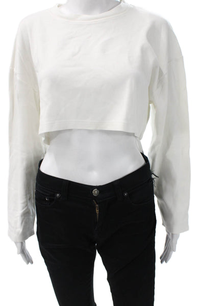 Zara Womens Cropped T-Shirt White Cotton Crew Neck Long Sleeve Size S
