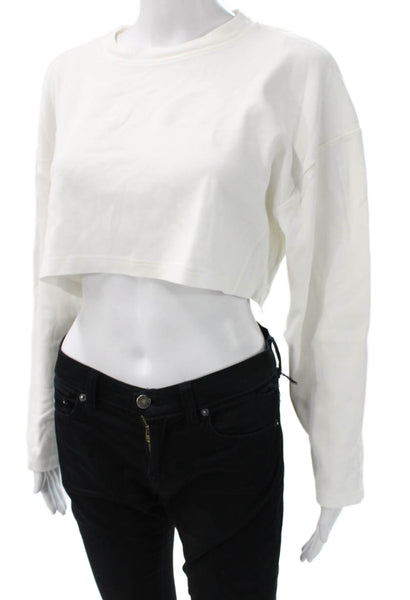 Zara Womens Cropped T-Shirt White Cotton Crew Neck Long Sleeve Size S