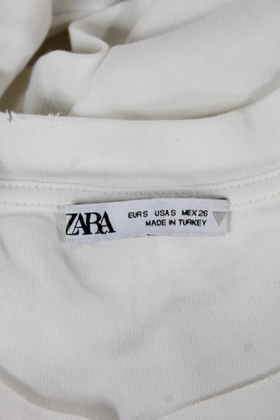 Zara Womens Cropped T-Shirt White Cotton Crew Neck Long Sleeve Size S