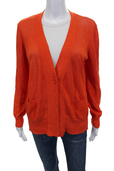 Elliott Lauren Womens Cardigan Linen V-Neck Long Sleeve Orange Solid Size S