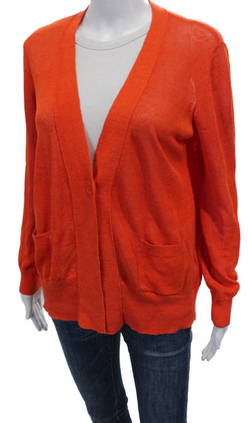 Elliott Lauren Womens Cardigan Linen V-Neck Long Sleeve Orange Solid Size S