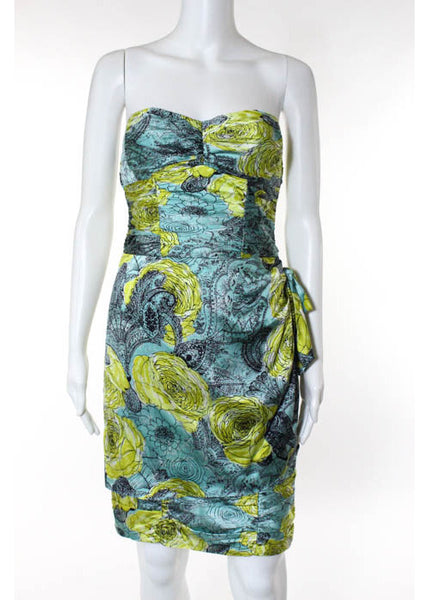 NANETTE LEPORE Light Blue Yellow Floral Print Strapless Dress Sz 0 RB774