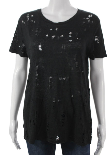 IRO Womens Basic Linen Black Short Sleeve T Shirt Round Neck Size 34